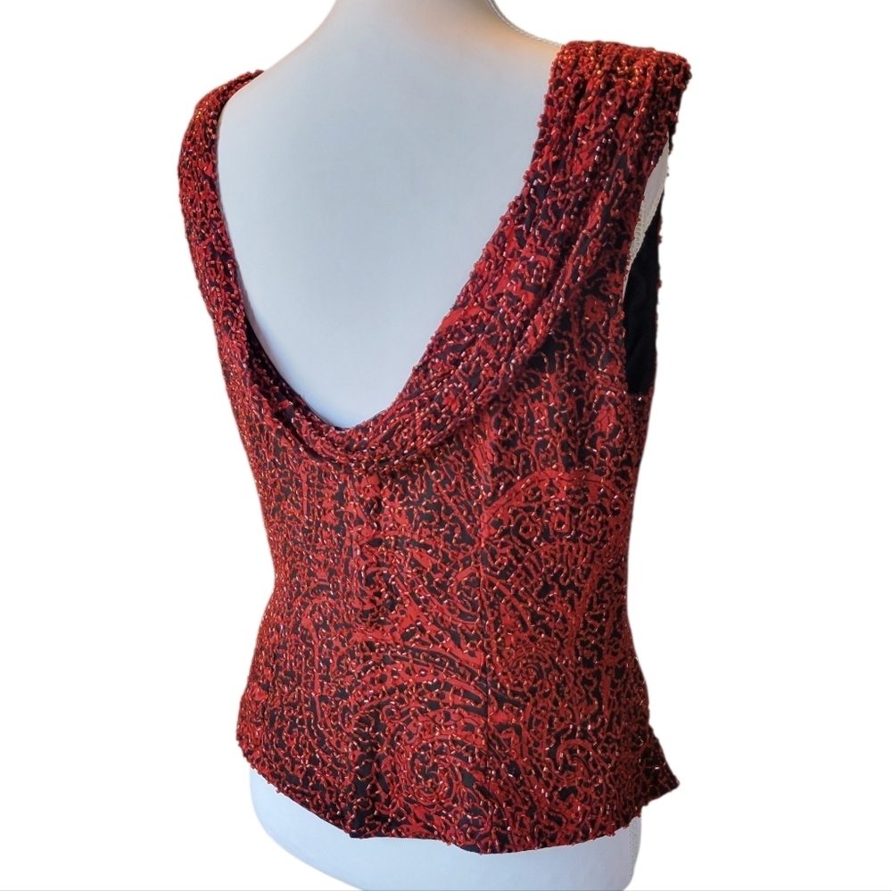 Vintage Y2K Andretta Donatello Red Black Paisley Beaded Silk Sleeveless Blouse - Picture 5 of 13